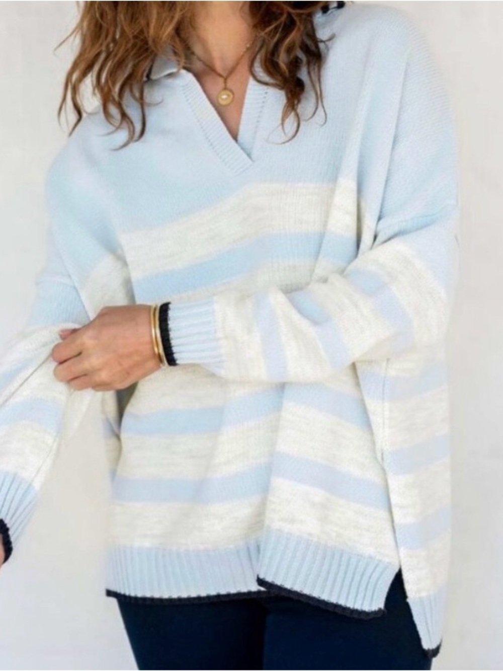 MERSEA Marina Polo Sweater One Size Sky Sea Salt Navy Striped Nautical Preppy